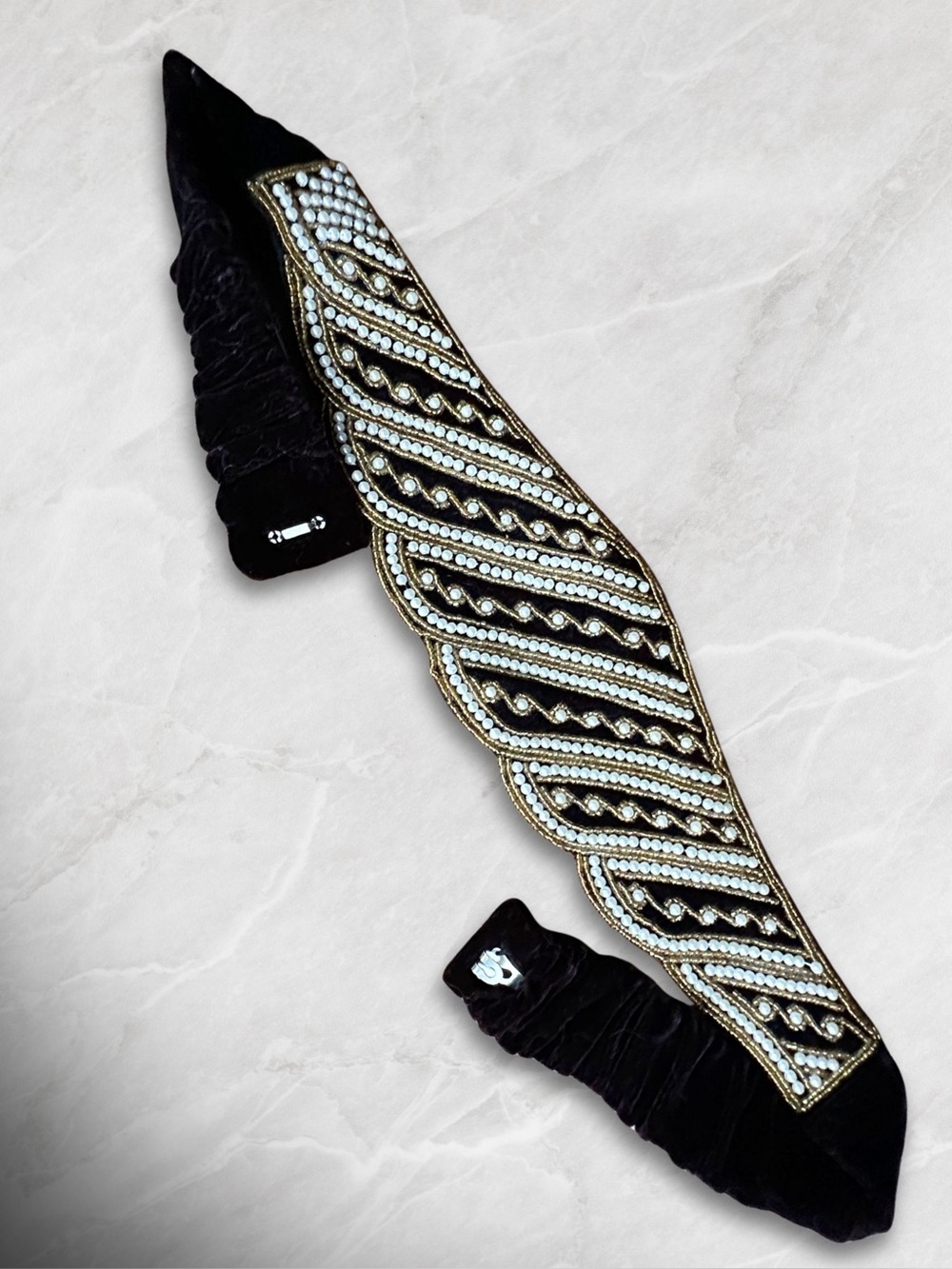 Vintage 90’s Black Velour Waist Belt with Pearl & Gold Accents